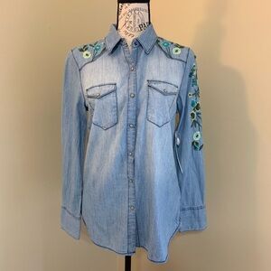 Denim Flowery Embroidered Button Up